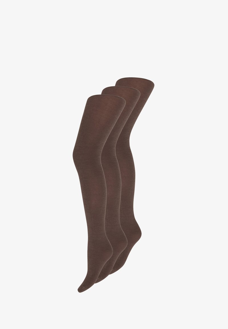 Brune knæhøje strømpebukser med en glat tekstur, der har en ensfarvet og sømløs design, vist i en gruppe på tre.