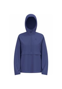 Giacca pullover viola con zip frontale e cappuccio. Caratterizzata da un design corto e maniche lunghe, realizzata in tessuto leggero e liscio.