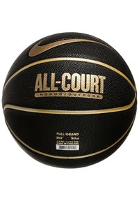 Palla da basket nera con superficie texturizzata, dettagli dorati e marchio. Dimensioni: 29,5 pollici. Progettata per il gioco sia al chiuso che all'aperto.