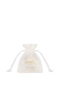 White fabric drawstring pouch with gold printed "CHIC by Lirette" logo and sunburst design, featuring smooth texture and adjustable white cords.