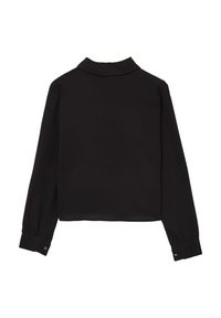 Camicia nera a maniche lunghe con colletto, realizzata in un tessuto liscio, dotata di polsini abbottonati e design corto. Nessun motivo o accento visibile.
