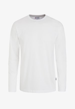 White long-sleeve shirt made of soft cotton, featuring a crew neckline and a straight hem. No visible patterns or accents.