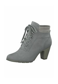 Szürke velúr bokacsizma közepes sarkal, kerek orral és fűzős elejével. Fém szemcsékkel és kontrasztos felsőrészpánttal rendelkezik.