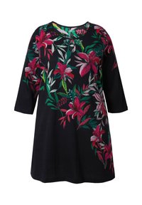 Czarna tunika z rękawami do półłokcia, ozdobiona żywym różowo-zielonym haftem kwiatowym wzdłuż jednej strony. Miękka tekstura, luźny krój.