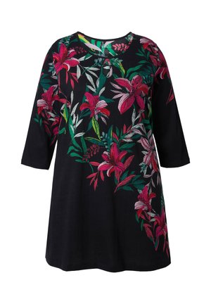 Musta tunika, jossa on kolme neljäsosaa hihoista ja eloisat vaaleanpunaisen ja vihreän väriset kukkaompeleet toisella puolella. Pehmeä tekstuuri, löysä malli.