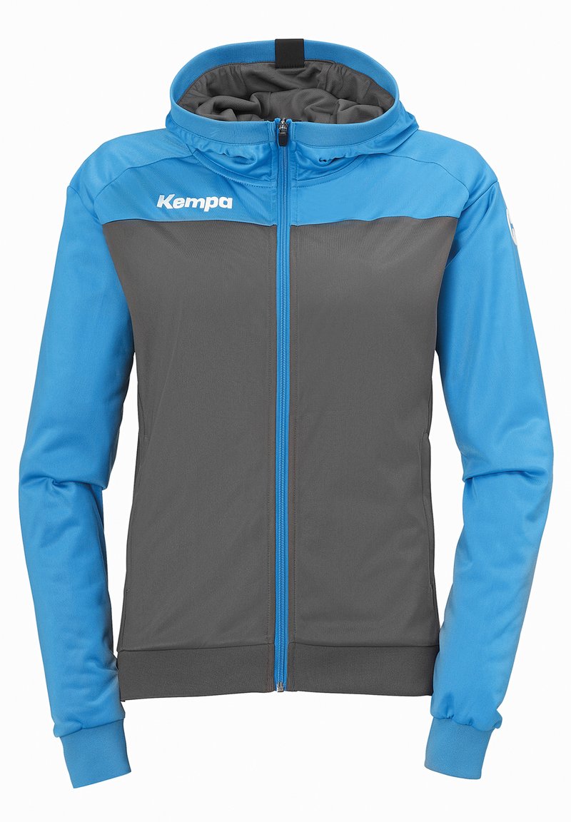 Veste zippée bleu et gris de Kempa, avec capuche, panneaux de couleur contrastante et poignets élastiques pour un ajustement et un confort optimaux.