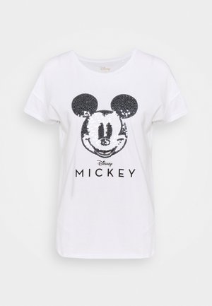 T-shirt en coton blanc avec un motif de Mickey Mouse en sequins noirs et le texte "Disney MICKEY" en-dessous. Manches courtes et coupe décontractée.