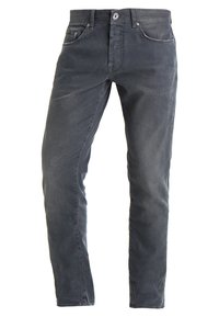 Jeans de mezclilla gris oscuro con un ajuste slim, diseño de cinco bolsillos, cierre de botón y cremallera, y un sutil desgastado para dar textura.