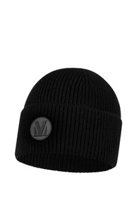 Beanie nera lavorata a maglia con una texture a coste. Presenta un patch rotondo con logo in rilievo sul davanti. Forma classica del beanie con risvolto.