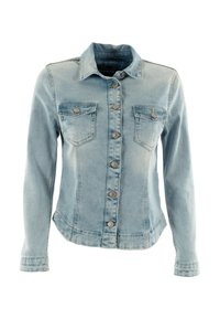 Veste en denim bleu clair avec un devant à boutons, deux poches poitrine et des manches longues avec des poignets à boutons. Texture lisse et coupe classique.