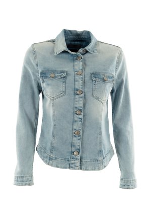 Lichtblauwe denimjacket met een knoopsluiting aan de voorkant, twee borstzakken en lange mouwen met knoopmanchetten. Vlotte textuur en klassieke pasvorm.
