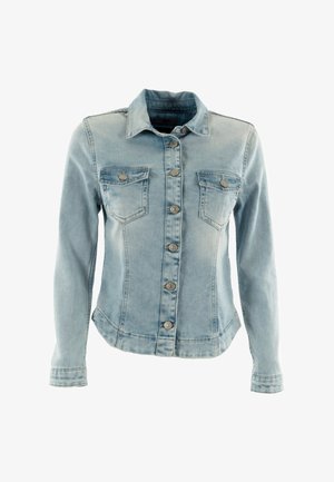 Lichtblauwe denimjacket met een knoopsluiting aan de voorkant, twee borstzakken en lange mouwen met knoopmanchetten. Vlotte textuur en klassieke pasvorm.