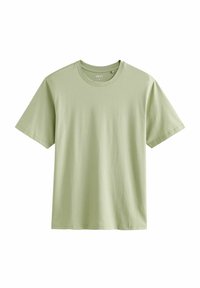 Tricou scurt cu mânecă, de culoare verde deschis, fabricat dintr-un material moale. Are un decolteu în formă de cerc și o croială lejeră. Fără modele sau grafica vizibile.