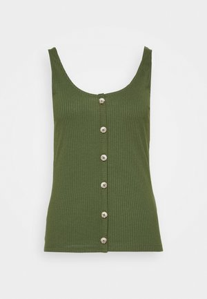 Ribbed vihreä hihaton paita, jossa on pyöreä pääntie ja etupainike, jossa hopeanväriset napit kulkevat keskellä.