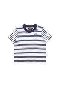 T-shirt a maniche corte a righe con strisce bianche e blu navy, scollatura rotonda e un piccolo logo sul petto. Realizzato in tessuto morbido.