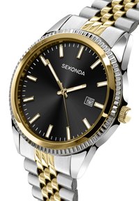 Silver and gold stainless steel wristwatch, black dial with gold-tone hour markers, date display, prominent crown, textured bezel, and chain link band.