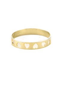 Gold bangle with cut-out heart patterns. Smooth texture, circular shape, and a polished finish enhance its design.