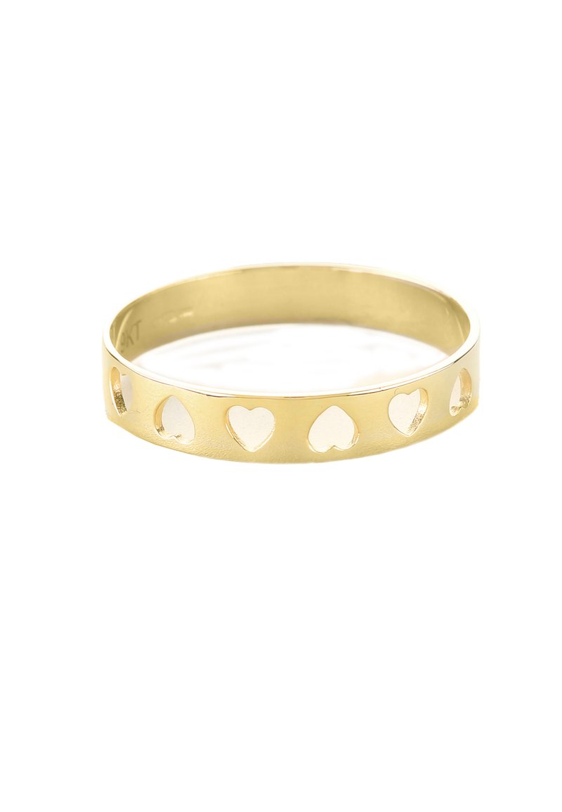 Gold bangle with cut-out heart patterns. Smooth texture, circular shape, and a polished finish enhance its design.