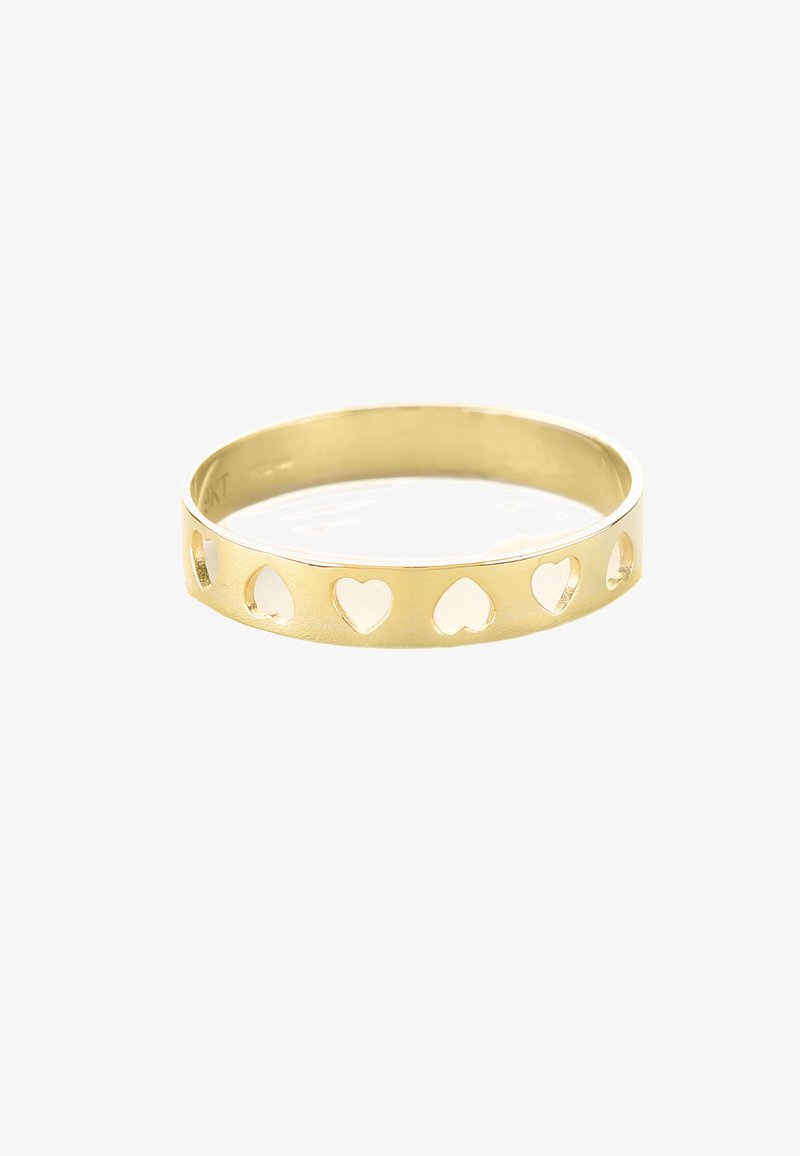 Gold bangle with cut-out heart patterns. Smooth texture, circular shape, and a polished finish enhance its design.