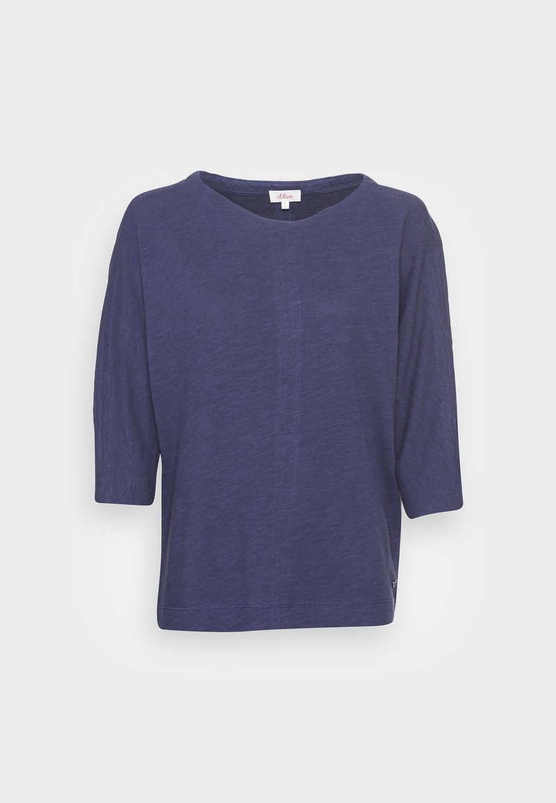 Navy blue, loose-fitting top with a wide neckline and three-quarter sleeves. Soft texture with a subtle, heathered pattern.