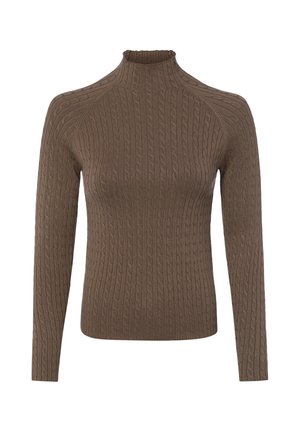 Pull marron à maille torsadée avec manches longues et col montant haut présenté sur un fond blanc uni.