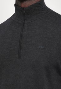 Maglione a mezza zip in tessuto a maglia grigio scuro. Presenta un colletto alto e un discreto dettaglio del logo sul petto. Texture morbida, forma aderente.