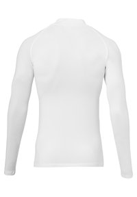 Langdurige witte blouse gemaakt van glad, rekbaar materiaal, met een hoge kraag en raglanmouwen voor verbeterde bewegingsvrijheid.