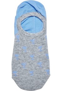 Chaussettes invisibles grises avec motif de palmier bleu, fabriquées à partir d'un matériau doux, avec un design à découpe arrondie et une texture lisse.