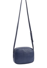 Marine lederen schoudertas met een ritssluiting, rechthoekige vorm en een platte silhoeët. Voorzien van een lange, verstelbare schouderriem en een gladde textuur.
