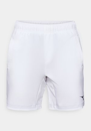 Baltas sporta šorti ar elastīgu jostu, sānu kabatām un melnu logotipu apakšējā labajā stūrī. Gluda, viegla auduma.