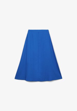 Blauer A-Linien-Rock aus Stoff mit glatter Textur und mittellanger Gestaltung, ausgestattet mit einem taillierten Bund und dezenten Falten.