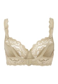 Krajková podprsenka v béžové barvě s vlnitým okrajem. Měkké látkové košíčky a nastavitelné ramínka. Zapínání na háček a oko na zadní straně.
