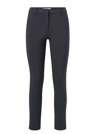 Donkerblauwe, strakke broek gemaakt van gladde stof. Heeft een halfhoge taille, riemlussen en een verborgen ritssluiting aan de voorkant. Geen zichtbare patronen.