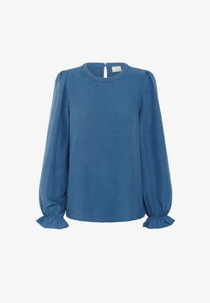 Niebieska bluzka z długim rękawem wykonana z teksturowanej tkaniny. Posiada okrągły dekolt, lekko bufiaste rękawy oraz falbanki na mankietach. Z tyłu znajduje się detal w formie małego otworu.