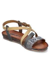 Sandal mit Riemchen und braunem Lederfußbett, grauen und gelben Riemen sowie einem strukturierten grauen Schlangenhautdetail an der Zehenpartie. Gummisohle.