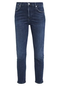 Mörkblå denimjeans med slim fit, femfickorsdesign, knappstängning och ljusa blekningar längs sömmarna och fickorna.