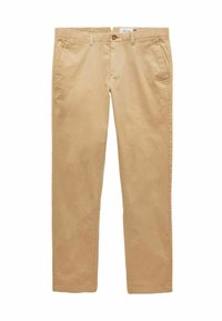 Beżowe bawełniane chinosy o zwężanym kroju, z zapięciem na guzik, dwoma przednimi kieszeniami oraz gładką, lekko teksturowaną powierzchnią.