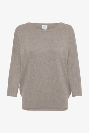 Light gray knitted sweater with a relaxed fit, wide neckline, and three-quarter sleeves. Features ribbed texture on the sleeves.