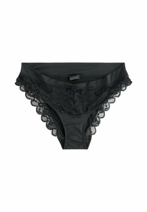 Zwarte onderbroek met een scalloped kanten rand bij de tailleband, een gladde basisstof en een bloemenkantpatroon aan de voorkant.