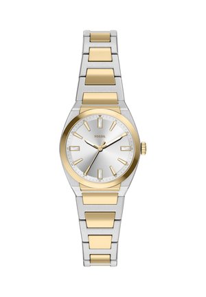 Silberne und goldene Fossil-Armbanduhr mit rundem Zifferblatt, goldenen Stundenmarkierungen und zweifarbigem Metallgliedarmband.