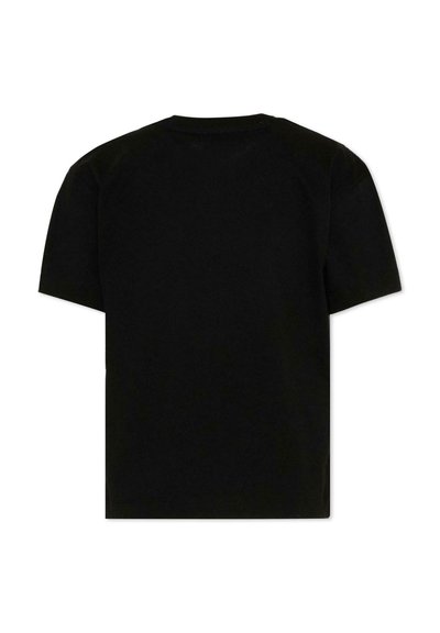 Czarny t-shirt z krótkim rękawem i okrągłym dekoltem, rozłożony płasko, widoczny od tyłu na białym tle.