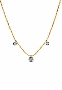 Collar de cuentas de oro con tres diamantes cortados en forma redonda de diferentes tamaños, engastados en acentos en tono plateado.