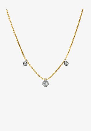 Collar de cuentas de oro con tres diamantes cortados en forma redonda de diferentes tamaños, engastados en acentos en tono plateado.