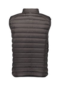 Chaleco acolchado negro sin mangas con costuras horizontales y cuello alto, mostrado desde atrás sobre un fondo blanco.