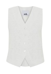 White sleeveless vest with a v-neckline, featuring floral embossed texture, five buttons on the front, and side pockets.