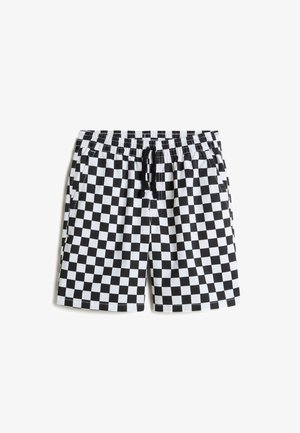 Black and white checkered swim shorts, featuring an elastic waistband with a drawstring, two side pockets, and a lightweight fabric.