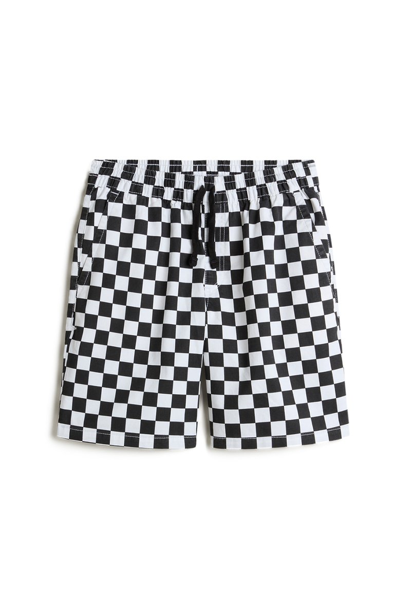 Black and white checkered swim shorts, featuring an elastic waistband with a drawstring, two side pockets, and a lightweight fabric.