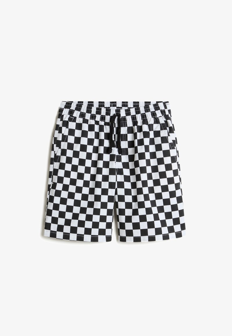 Black and white checkered swim shorts, featuring an elastic waistband with a drawstring, two side pockets, and a lightweight fabric.