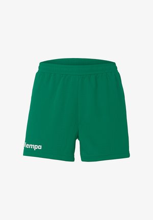 Grønne sportshorts lavet af blødt stof, med en elastisk talje og "Kempa" logoet i hvidt på venstre side.