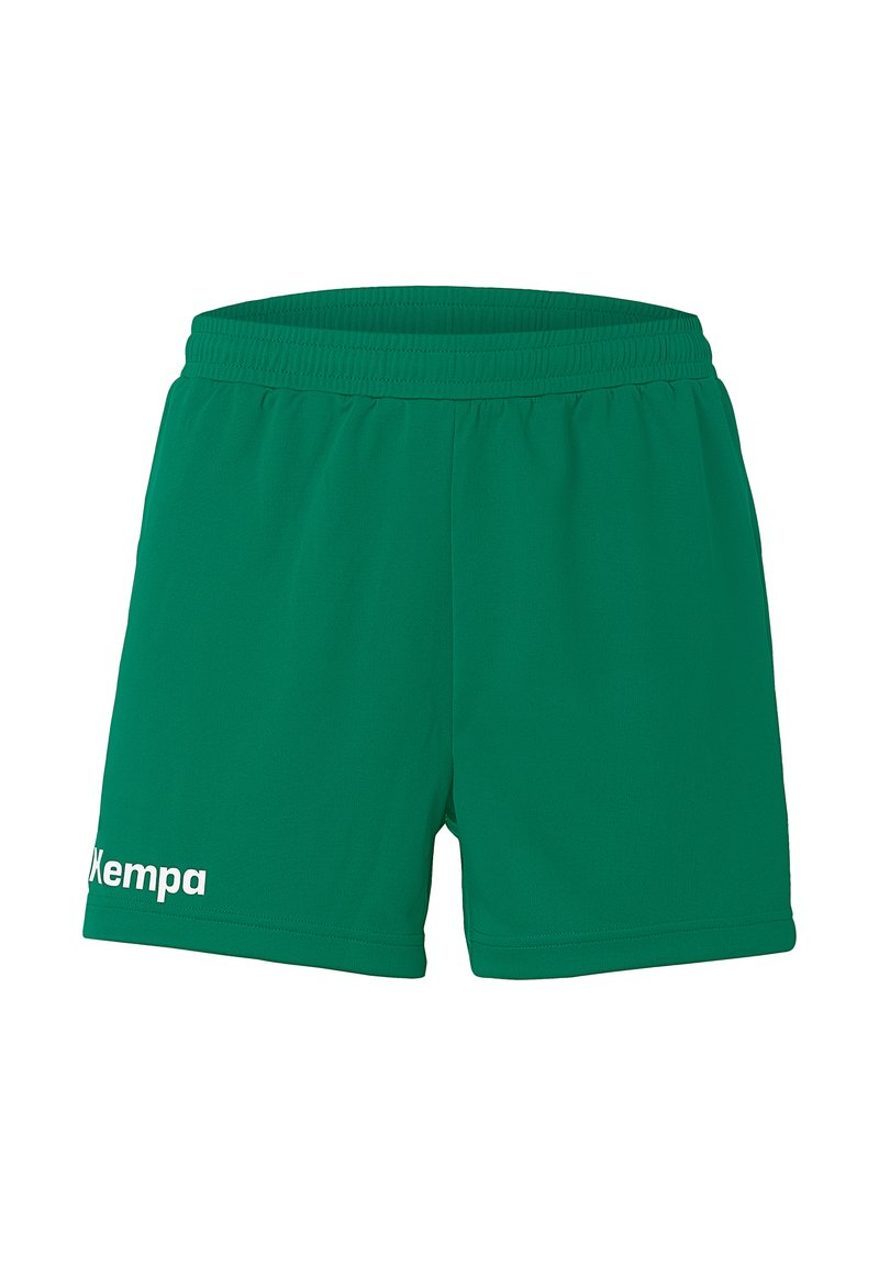 Groene sportshorts gemaakt van zachte stof, met een elastische tailleband en het "Kempa" logo in het wit aan de linkerkant.